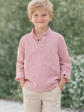 Boys Red White Pinstripe Henley Shirt Size 5 Preppy Classic Button Collar Top